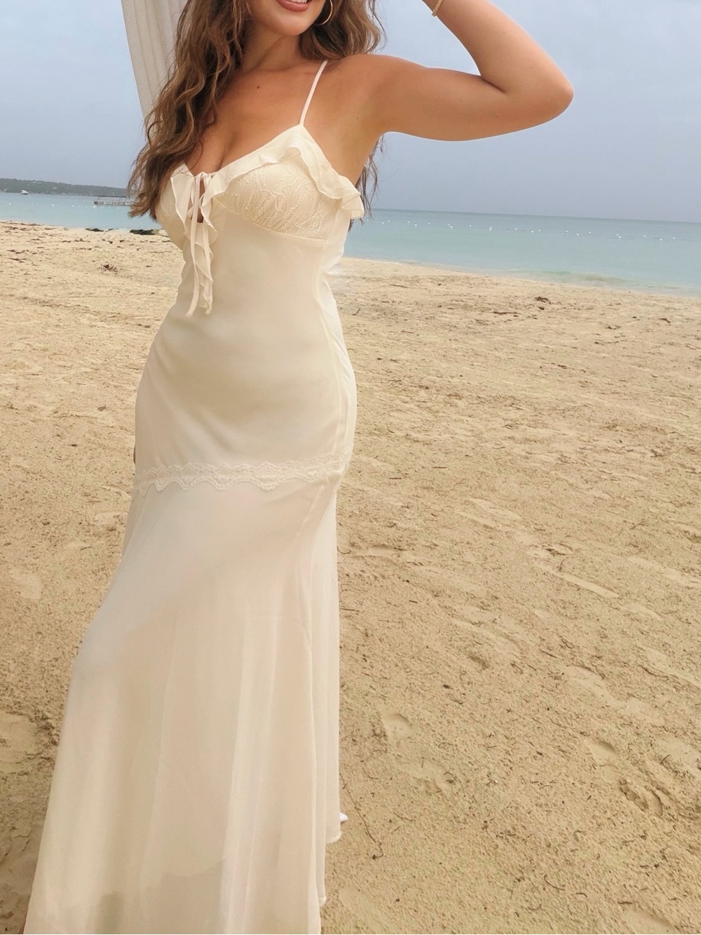 Lace-Trim Satin Slip Dress in Cream - Picture 6 of 7